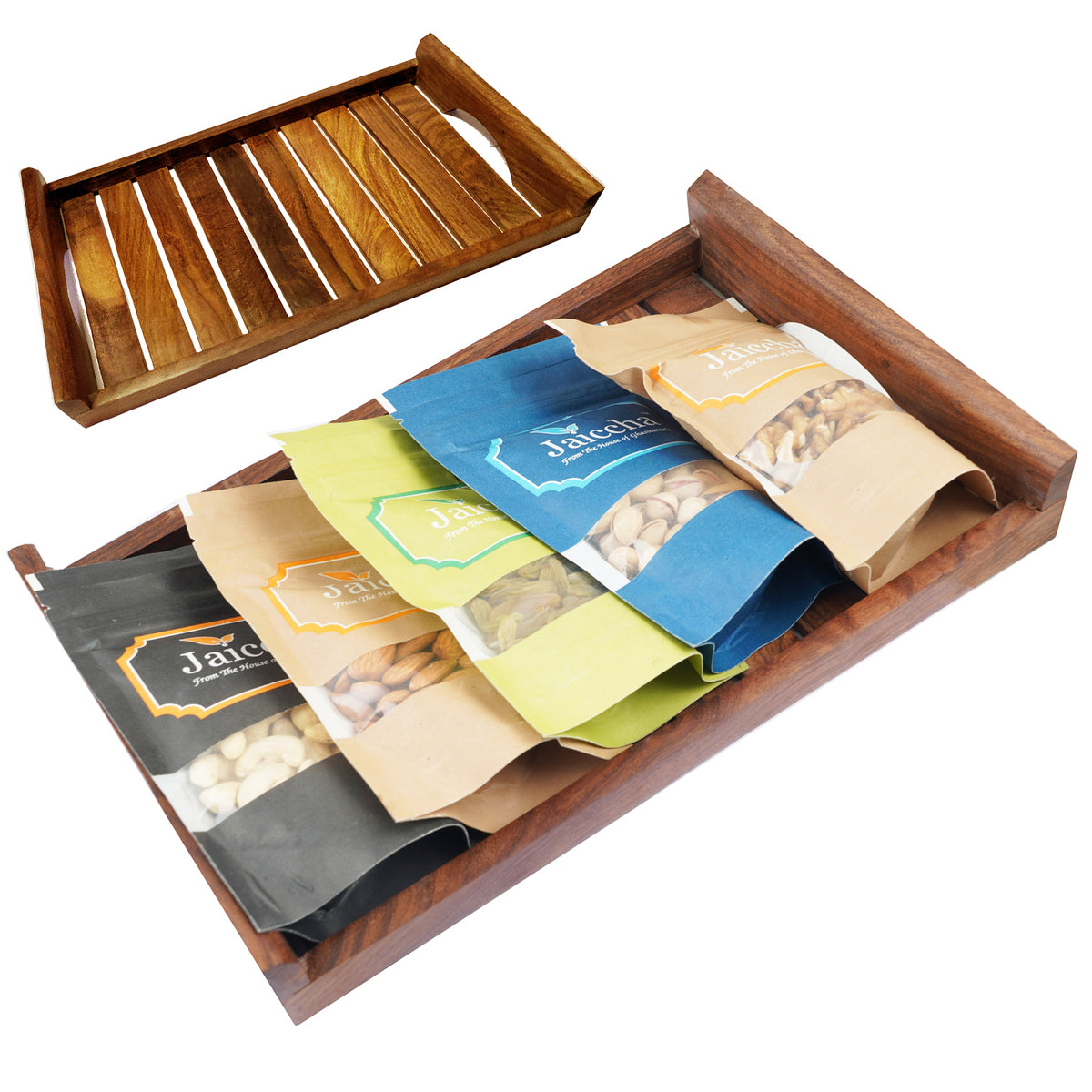 Striped Big Wooden Tray of Almonds, Cashews, Raisins, Pistachios and Walnuts