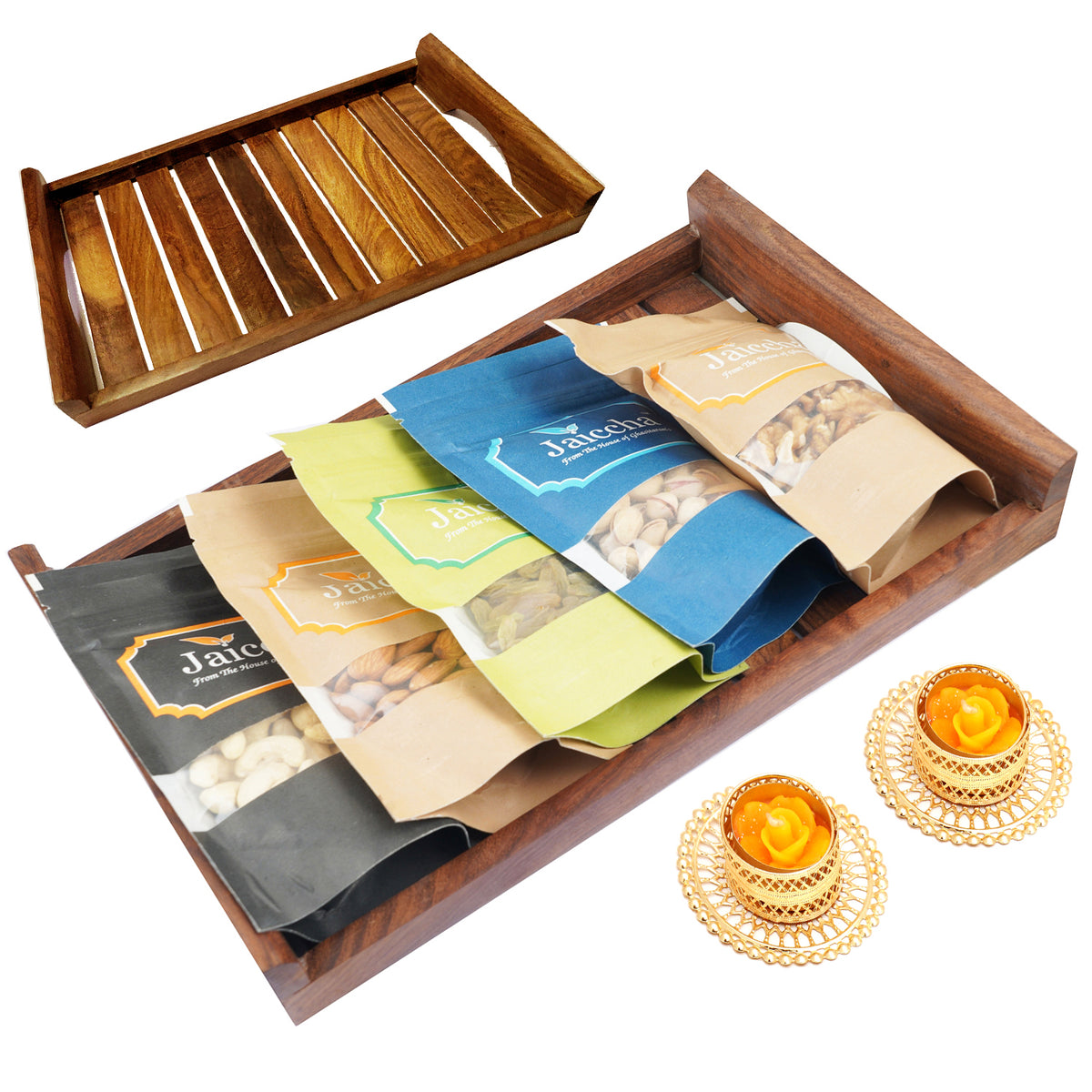 Striped Big Wooden Tray of Almonds, Cashews, Raisins, Pistachios and Walnuts With 2 t-lites