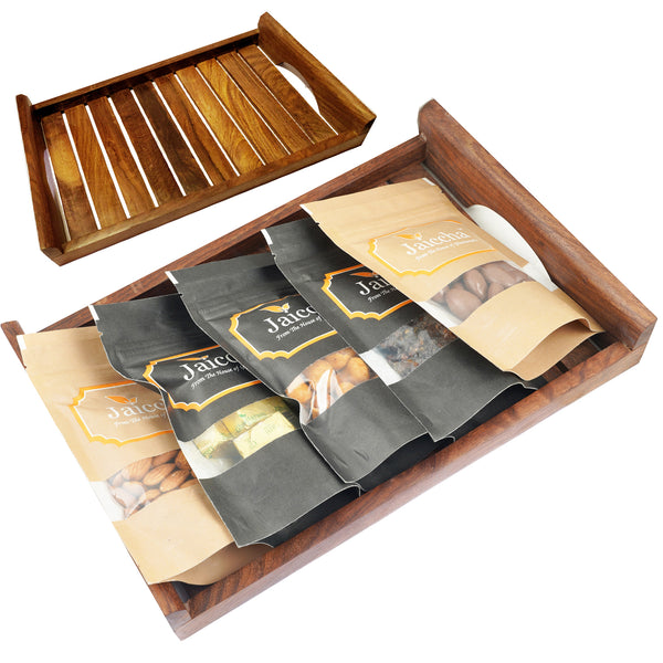 Striped Big Wooden Tray of Almonds, Mewa Bites,Banarsi Paan, Crunchy Coated Cashews  and Choco Almonds