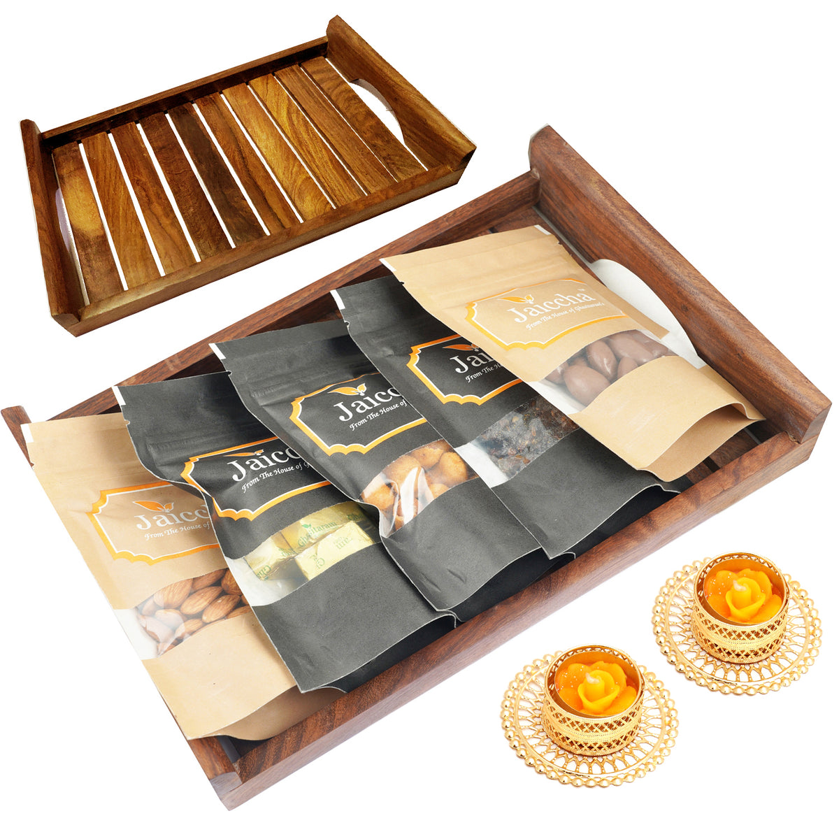 Striped Big Wooden Tray of Almonds, Mewa Bites,Banarsi Paan, Crunchy Coated Cashews  and Choco Almonds With 2 t-lites
