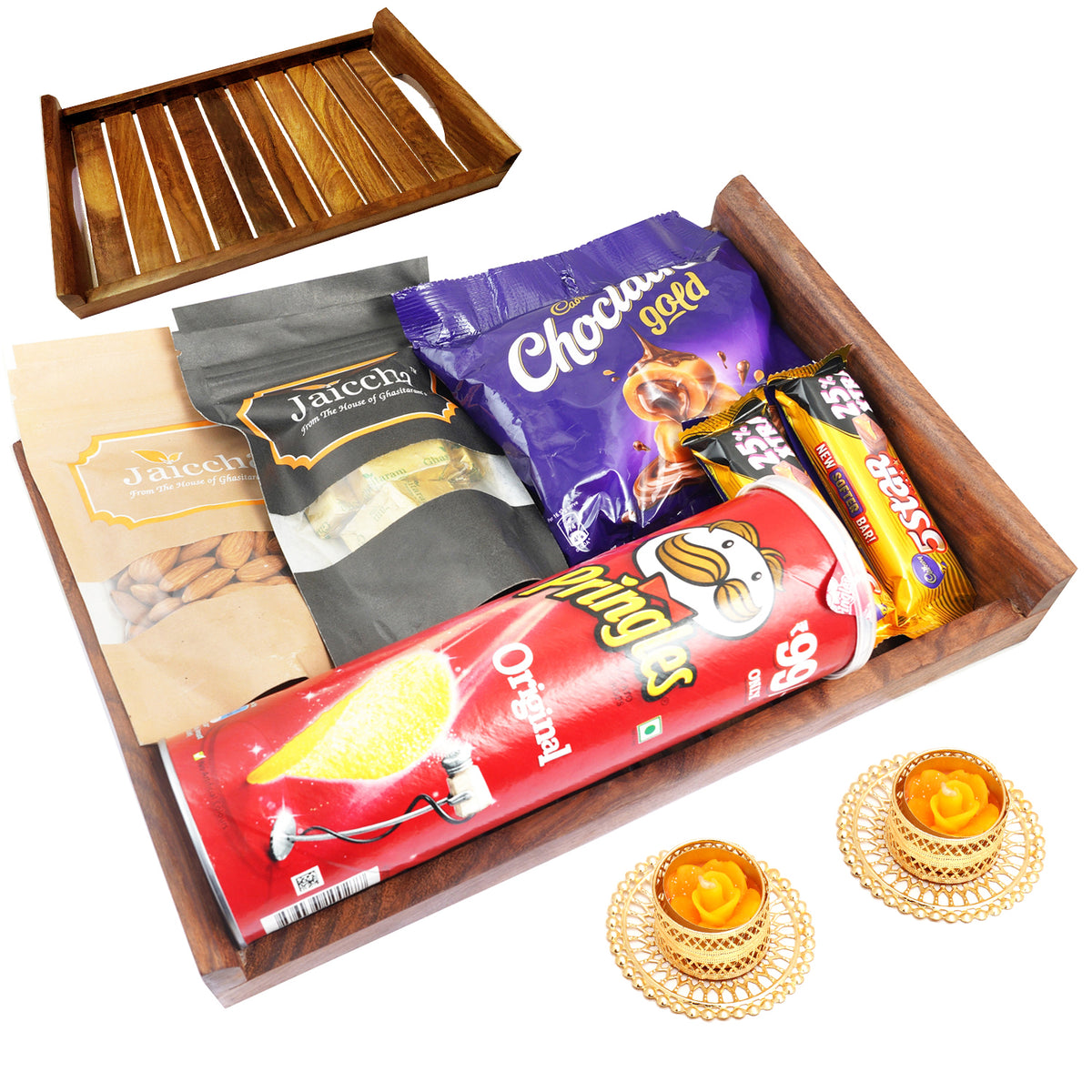 Striped Big Wooden Tray of Almonds, Mewa Bites, Ecalairs and Pringle With 2 t-lites
