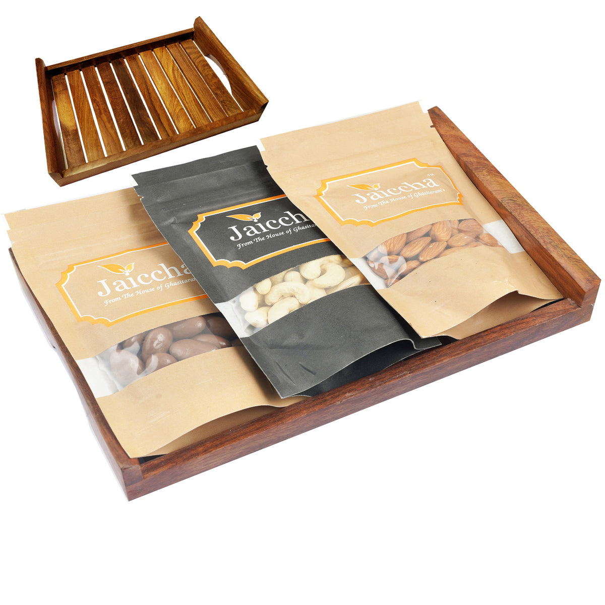 Striped Wooden Tray of Cashews, Almonds and Chocolate Coated Almonds