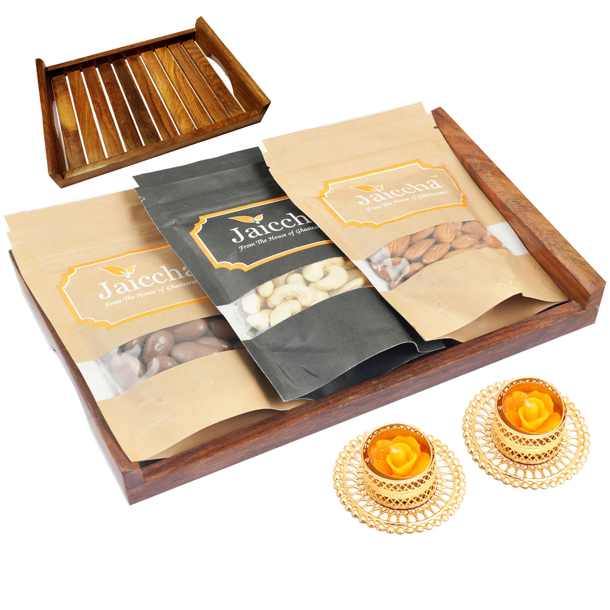 Striped Wooden Tray of Cashews, Almonds and Chocolate Coated Almonds With 2 t-lites