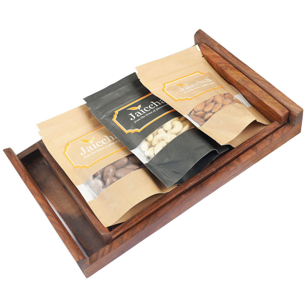 Set of 2 Striped Wooden Trays  Cashews, Almonds and Chocolate Coated Almonds