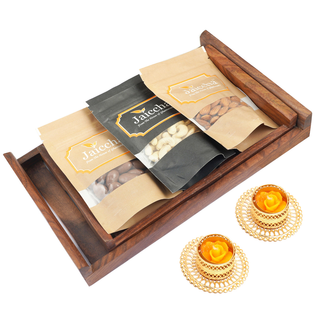 Set of 2 Striped Wooden Trays  Cashews, Almonds and Chocolate Coated Almonds With 2 t-lites