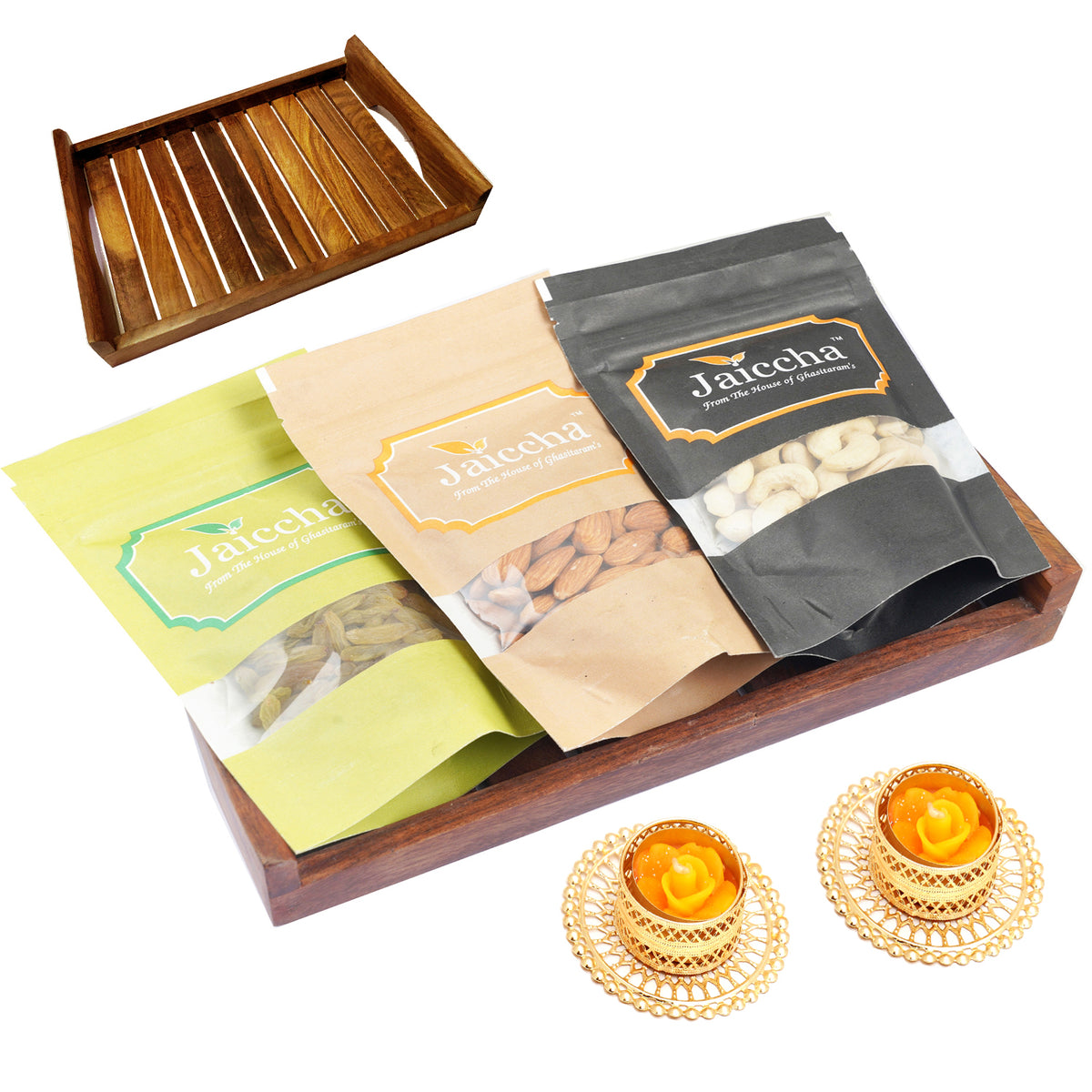Striped Wooden Tray of Cashews, Almonds and Raisins With 2 t-lites