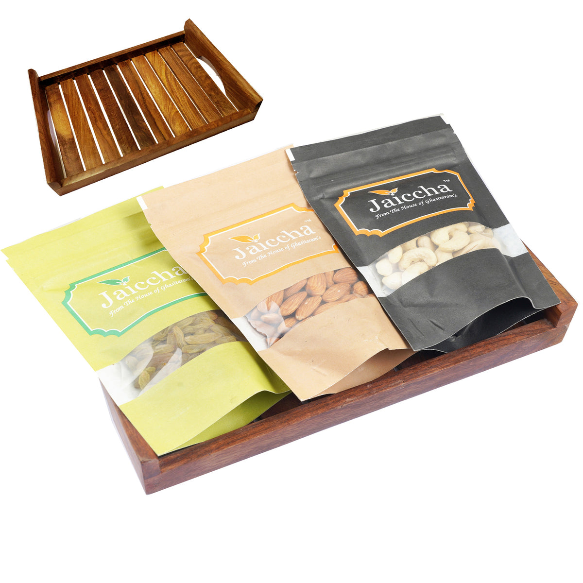 Striped Wooden Tray of Cashews, Almonds and Raisins