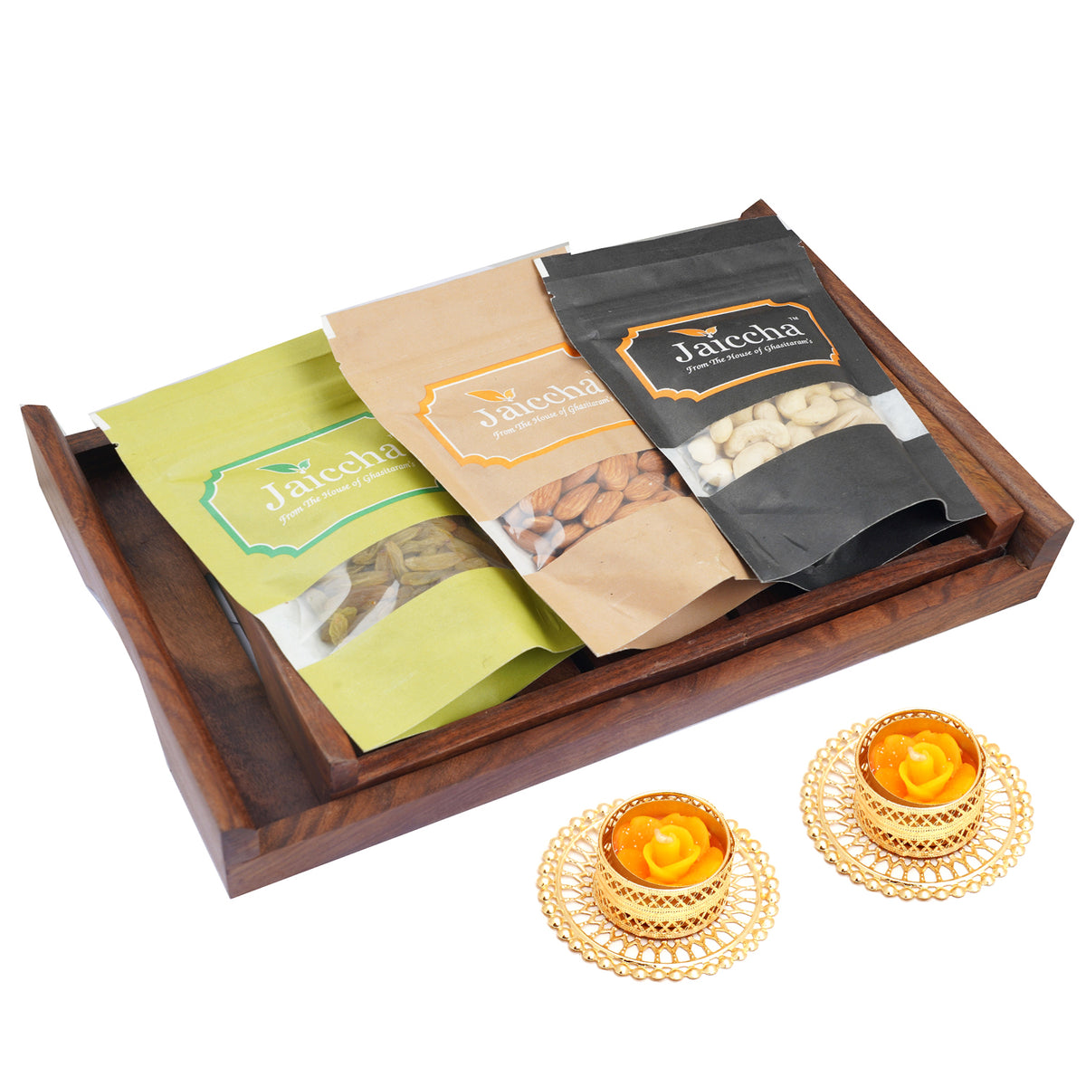 Set of 2 Striped Wooden Trays Cashews, Almonds and Raisins With 2 t-lites