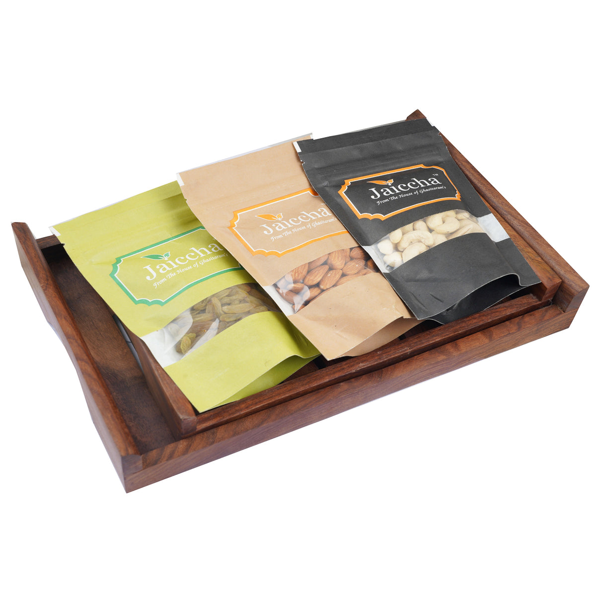 Set of 2 Striped Wooden Trays Cashews, Almonds and Raisins
