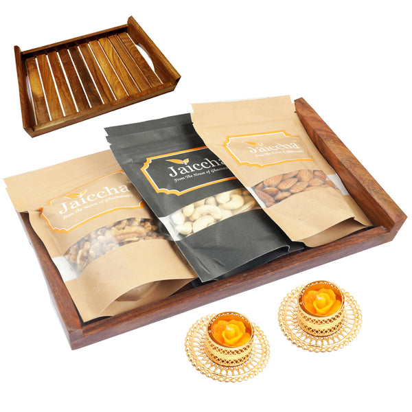 Striped Wooden Tray of Cashews, Almonds and Walnuts With 2 t-lites