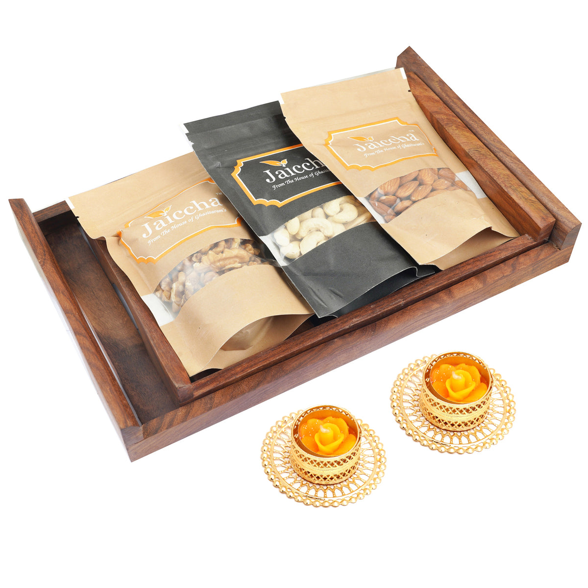 Set of 2 Striped Wooden Trays of Cashews, Almonds and Walnuts With 2 t-lites