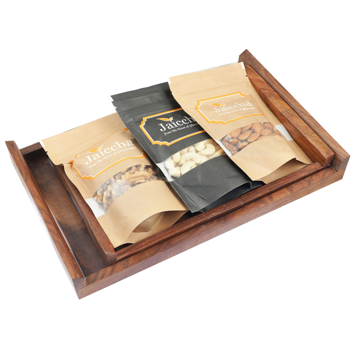 Set of 2 Striped Wooden Trays of Cashews, Almonds and Walnuts
