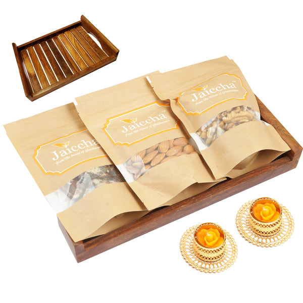 Striped Wooden Tray of Sugarfree Bites, Almonds and Walnuts With 2 t-lites