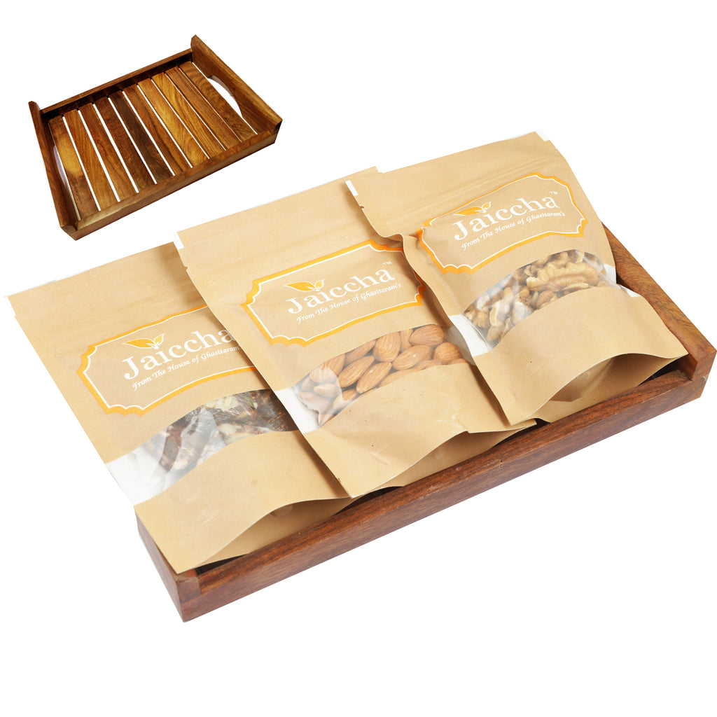 Striped Wooden Tray of Sugarfree Bites, Almonds and Walnuts