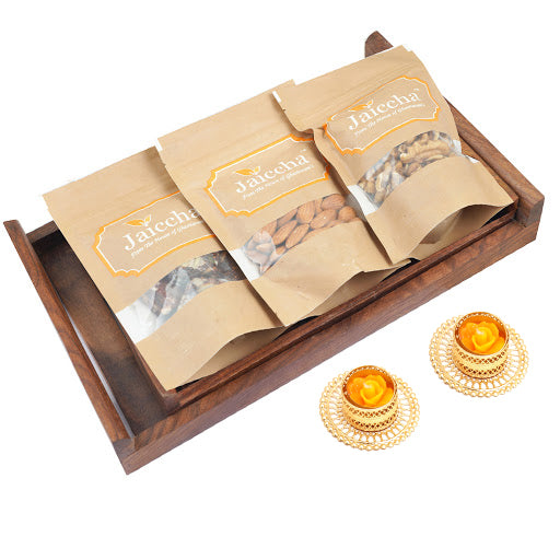 Set of 2 Striped Wooden Trays of Sugarfree Bites, Almonds and Walnuts With 2 t-lites