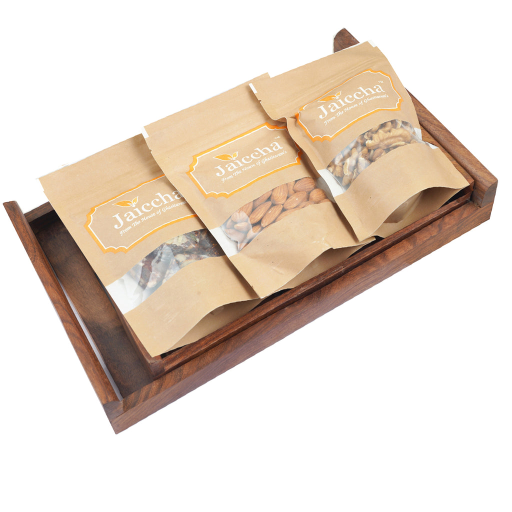 Set of 2 Striped Wooden Trays of Sugarfree Bites, Almonds and Walnuts