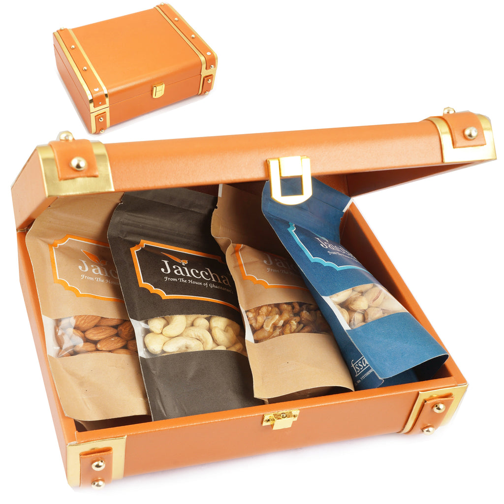 Orange Trunk Box of Almonds, Cashews, Pistachio and Walnuts 