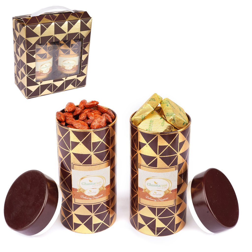 Box 2 Tin Jars of  Flavoured Almonds and Mewa Bites