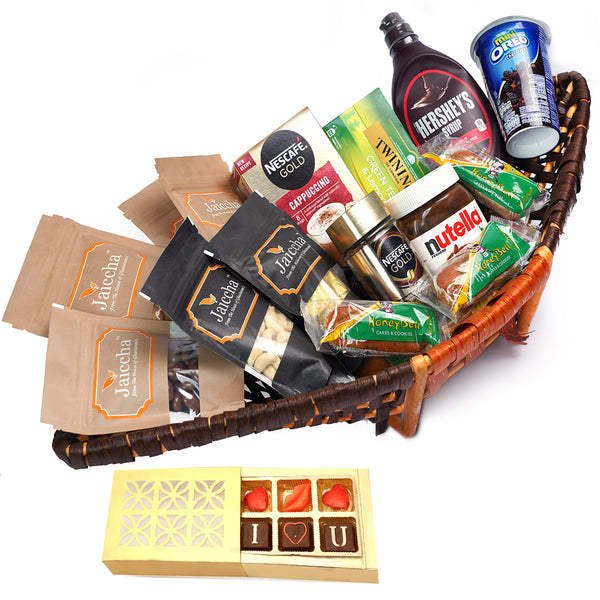 Valentine Gifts-Big Boat Basket Hamper  of 22 Goodies With Chocolate box