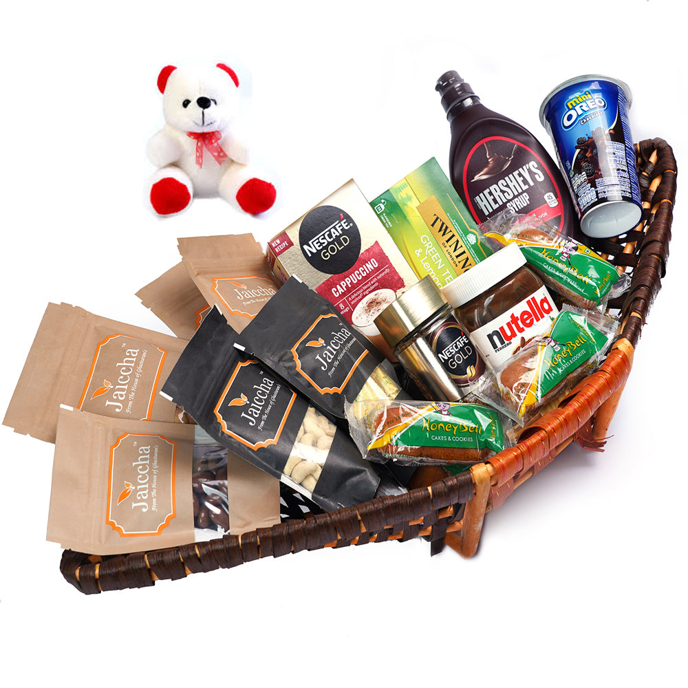 Valentine Gifts-Big Boat Basket Hamper  of 22 Goodies  With Teddy
