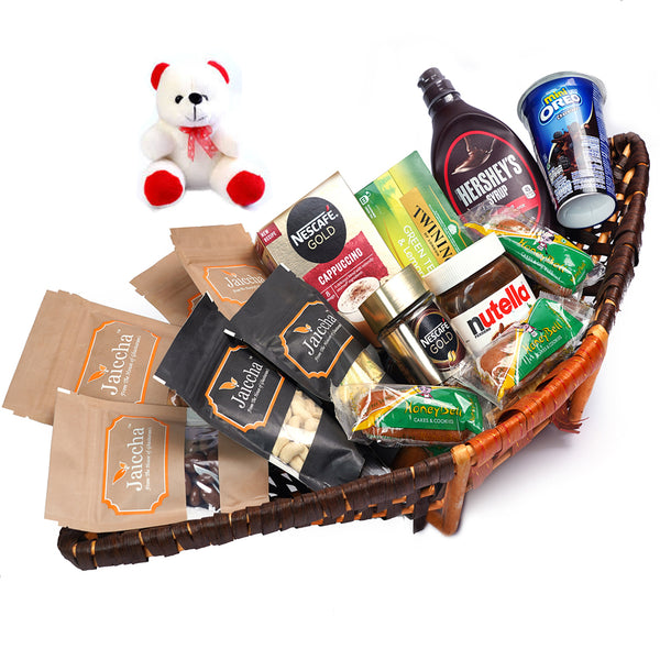 Valentine Gifts-Big Boat Basket Hamper  of 22 Goodies  With Teddy