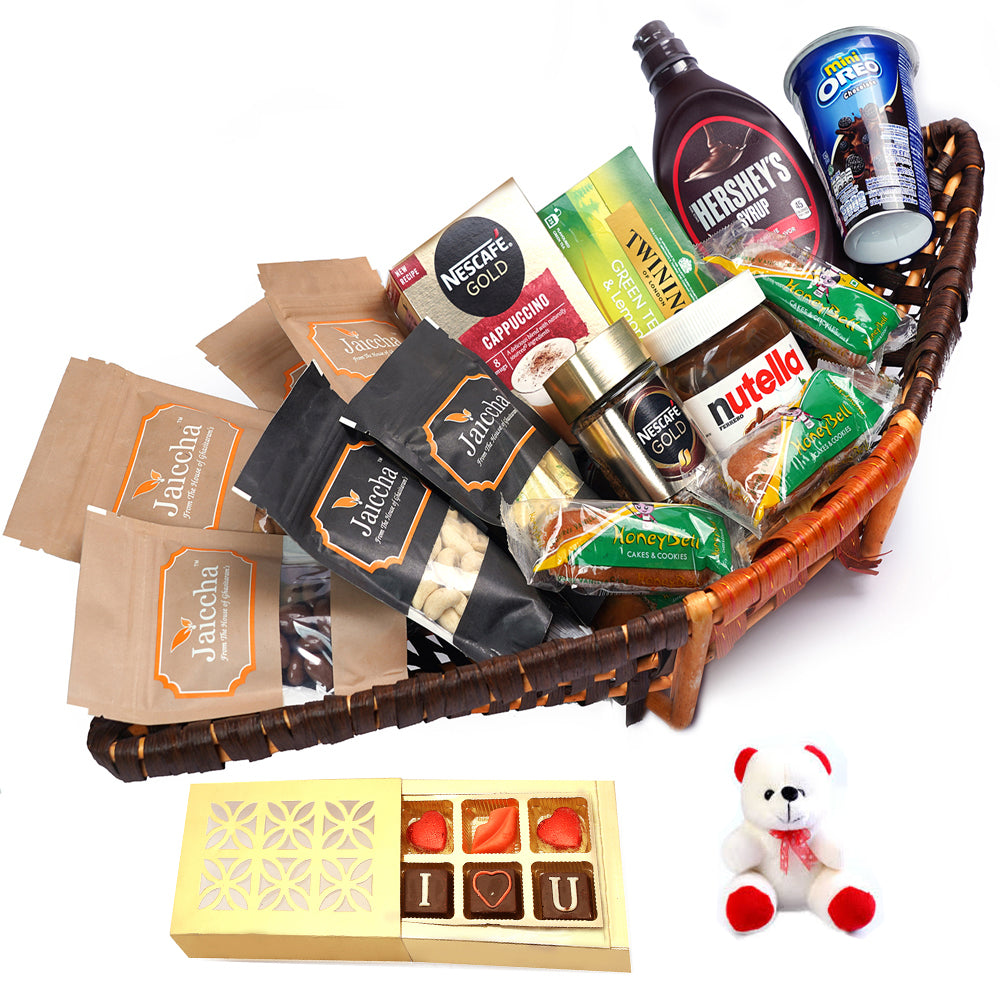 Valentine Gifts-Big Boat Basket Hamper  of 22 Goodies With Teddy and Chocolate box