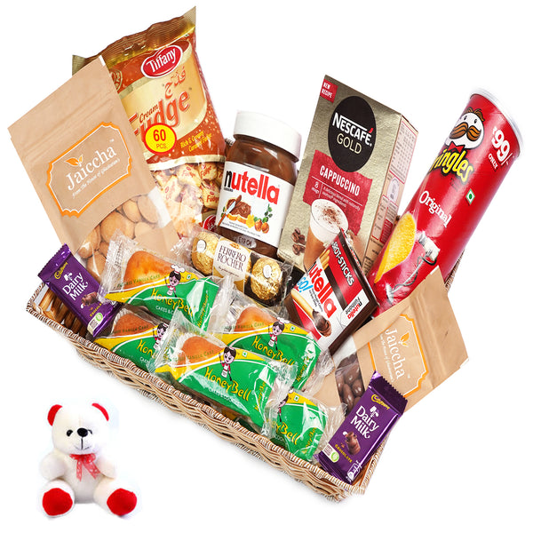 Valentine Gifts-Big Rectangle Basket Hamper  of 21 Goodies  With Teddy