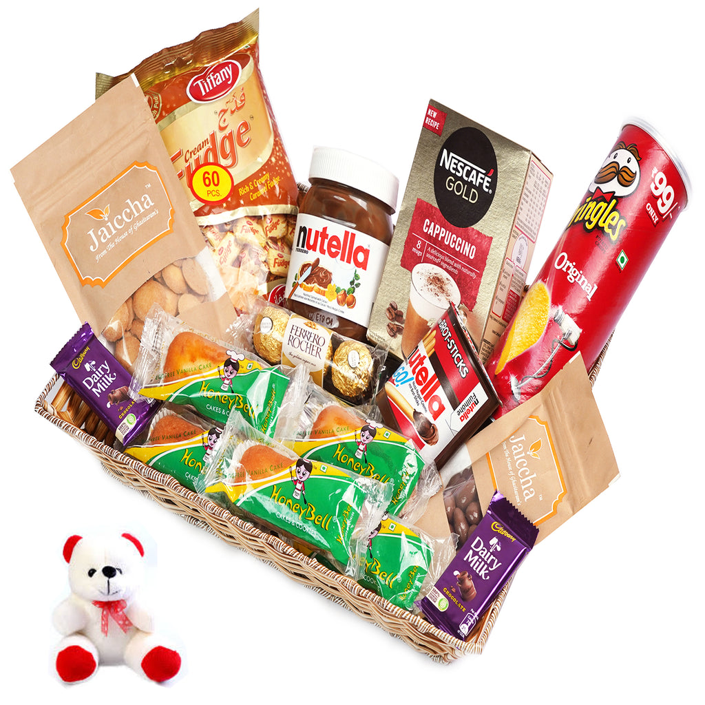 Valentine Gifts-Big Rectangle Basket Hamper  of 21 Goodies  With Teddy