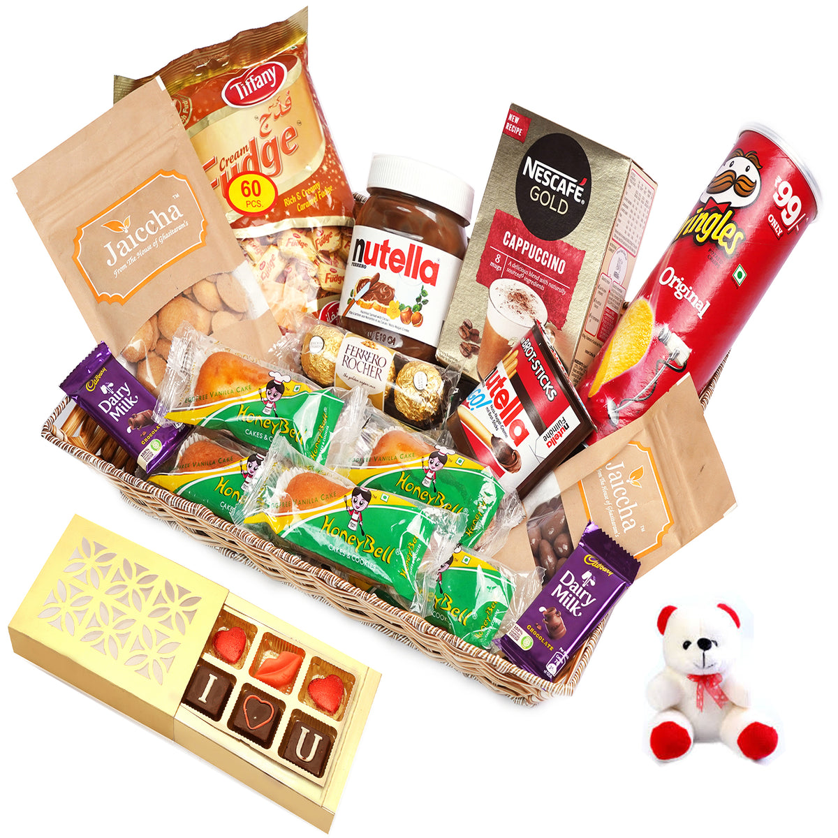 Valentine Gifts-Big Rectangle Basket Hamper  of 21 Goodies With Teddy and Chocolate box