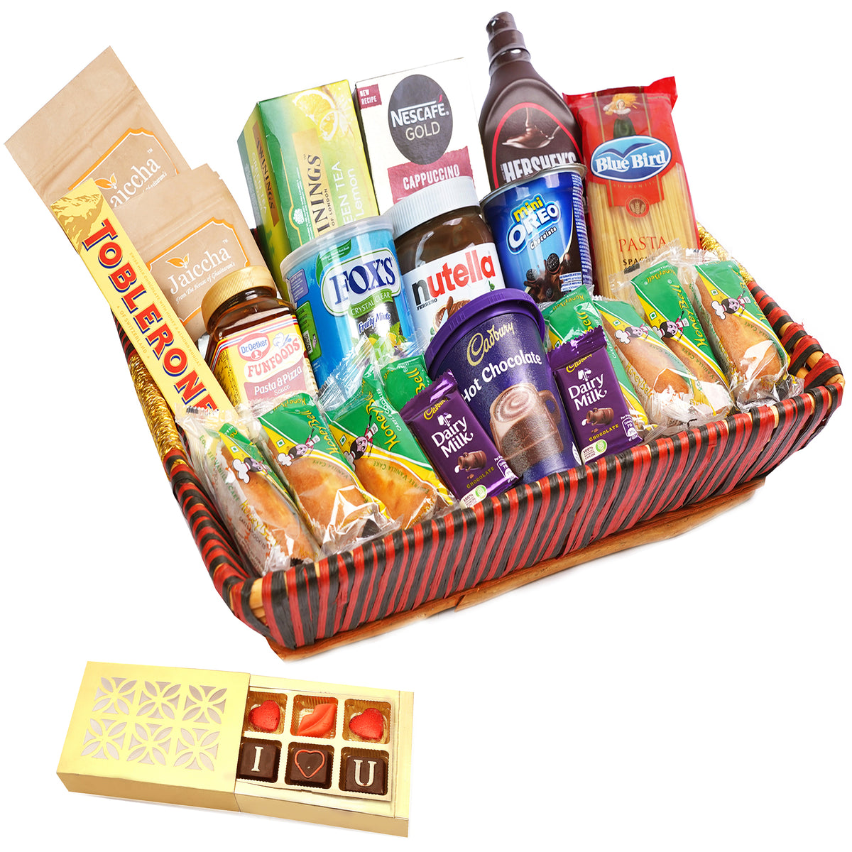 Valentine Gifts-Big Red Basket Hamper  of 24 Goodies With Chocolate box