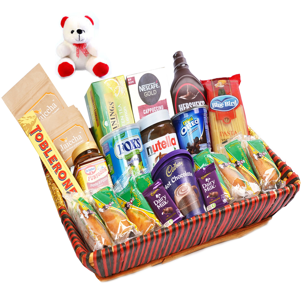 Valentine Gifts-Big Red Basket Hamper  of 24 Goodies  With Teddy
