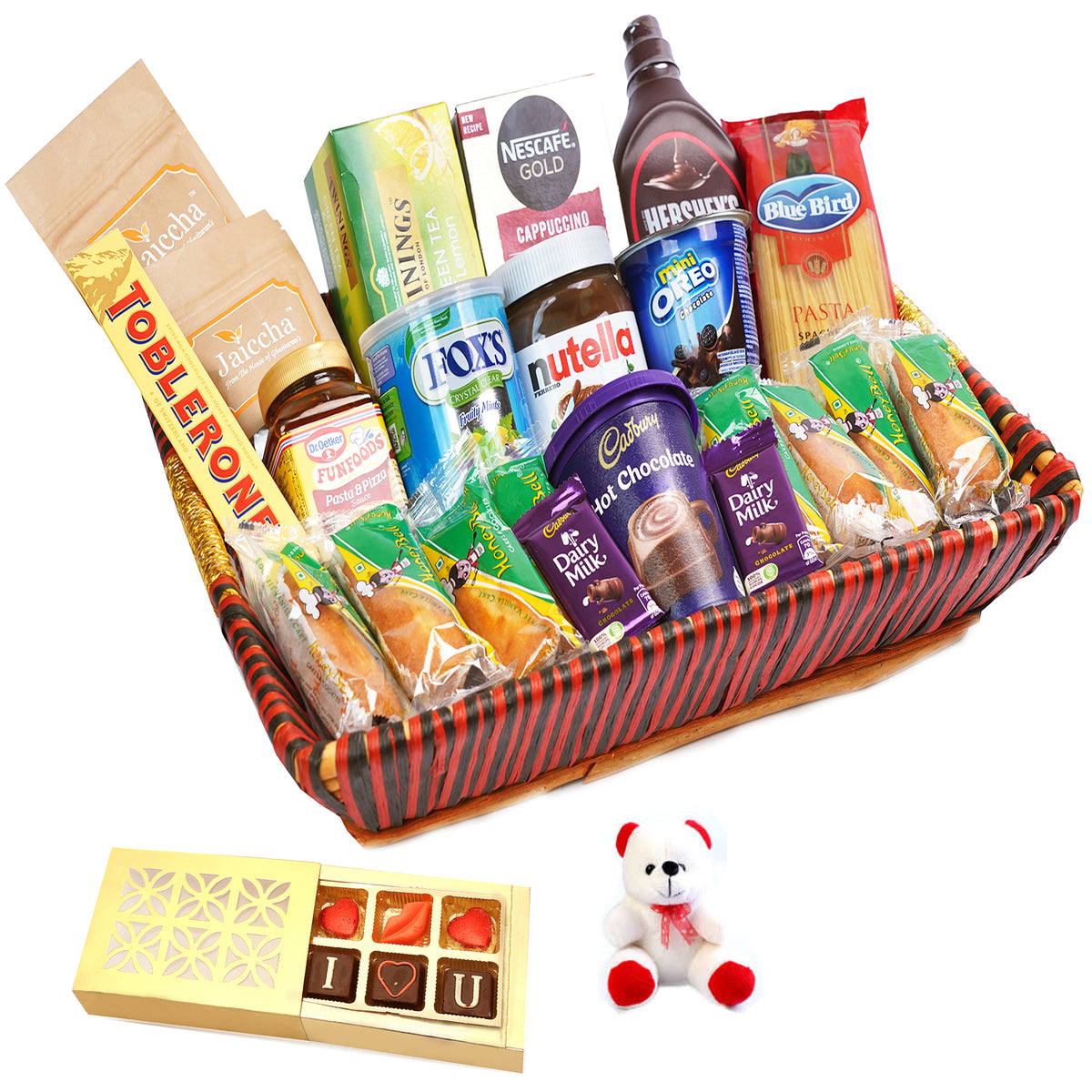 Valentine Gifts-Big Red Basket Hamper  of 24 Goodies With Teddy and Chocolate box