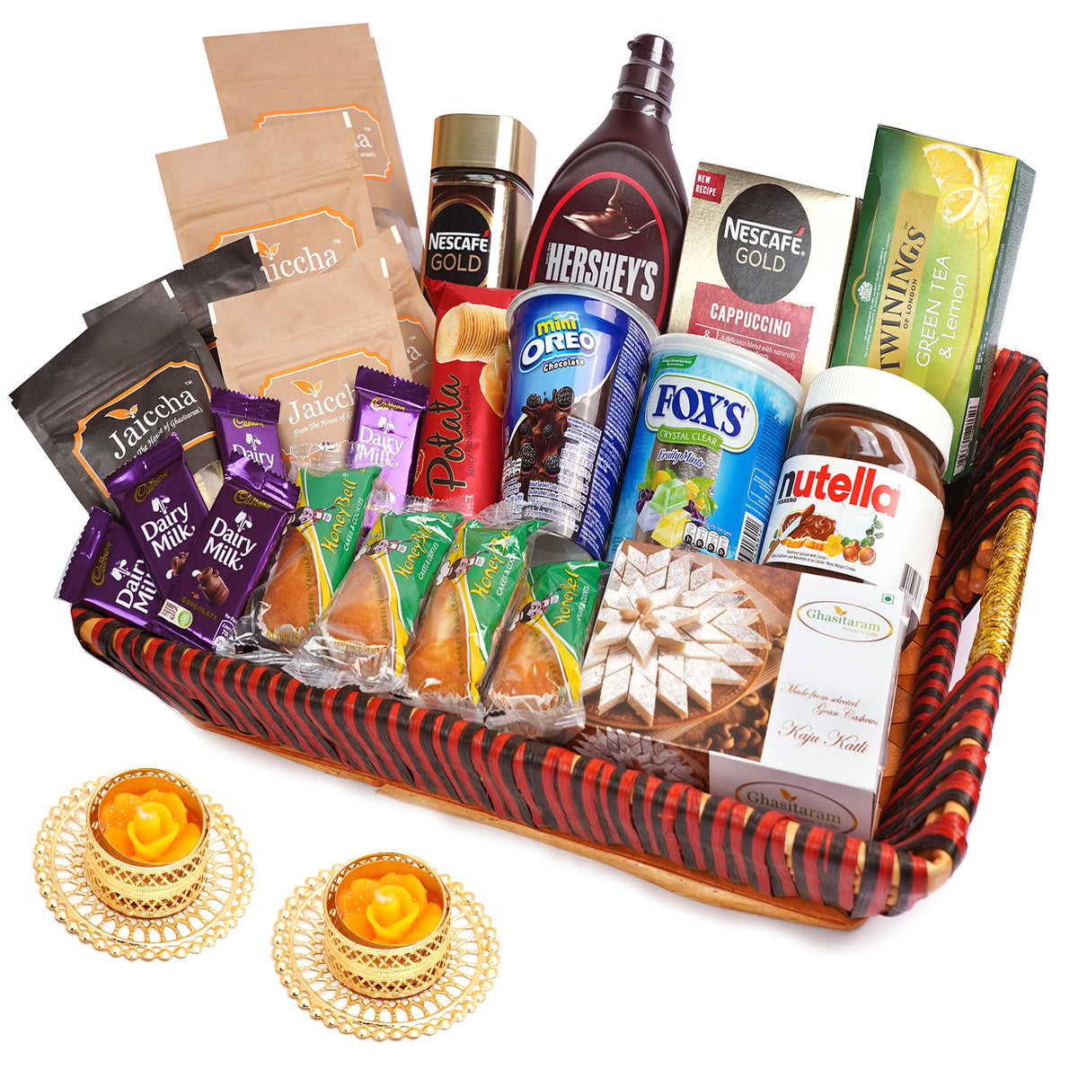 Big Red Basket Hamper  of 30 Goodies with 2 t-lites