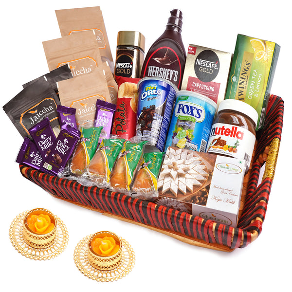 Big Red Basket Hamper  of 30 Goodies with 2 t-lites