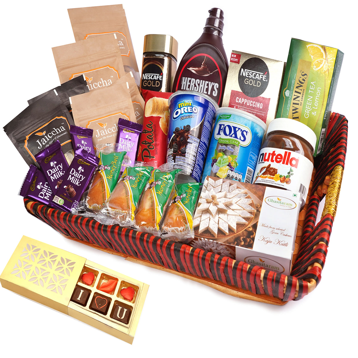Valentine Gifts-Big Red Basket Hamper  of 30 Goodies With Chocolate box