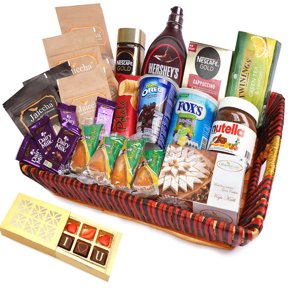 Valentine Gifts-Big Red Basket Hamper  of 30 Goodies With Chocolate box