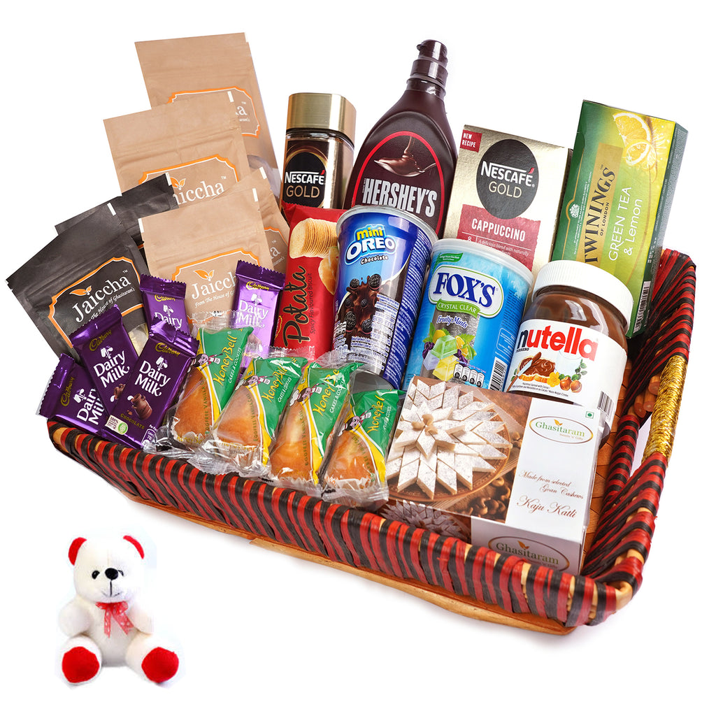 Valentine Gifts-Big Red Basket Hamper  of 30 Goodies  With Teddy