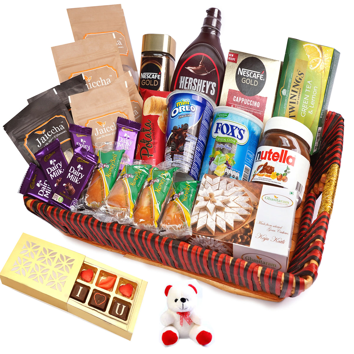 Valentine Gifts-Big Red Basket Hamper  of 30 Goodies With Teddy and Chocolate box
