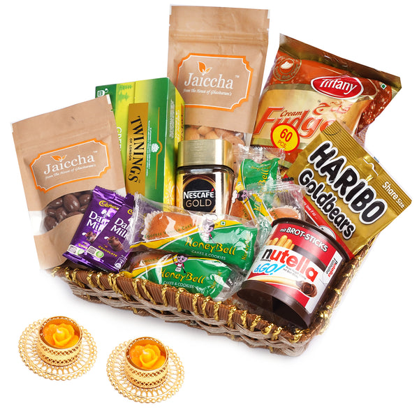 Brown Cane Like Basket Hamper  of 20 Goodies with 2 t-lites