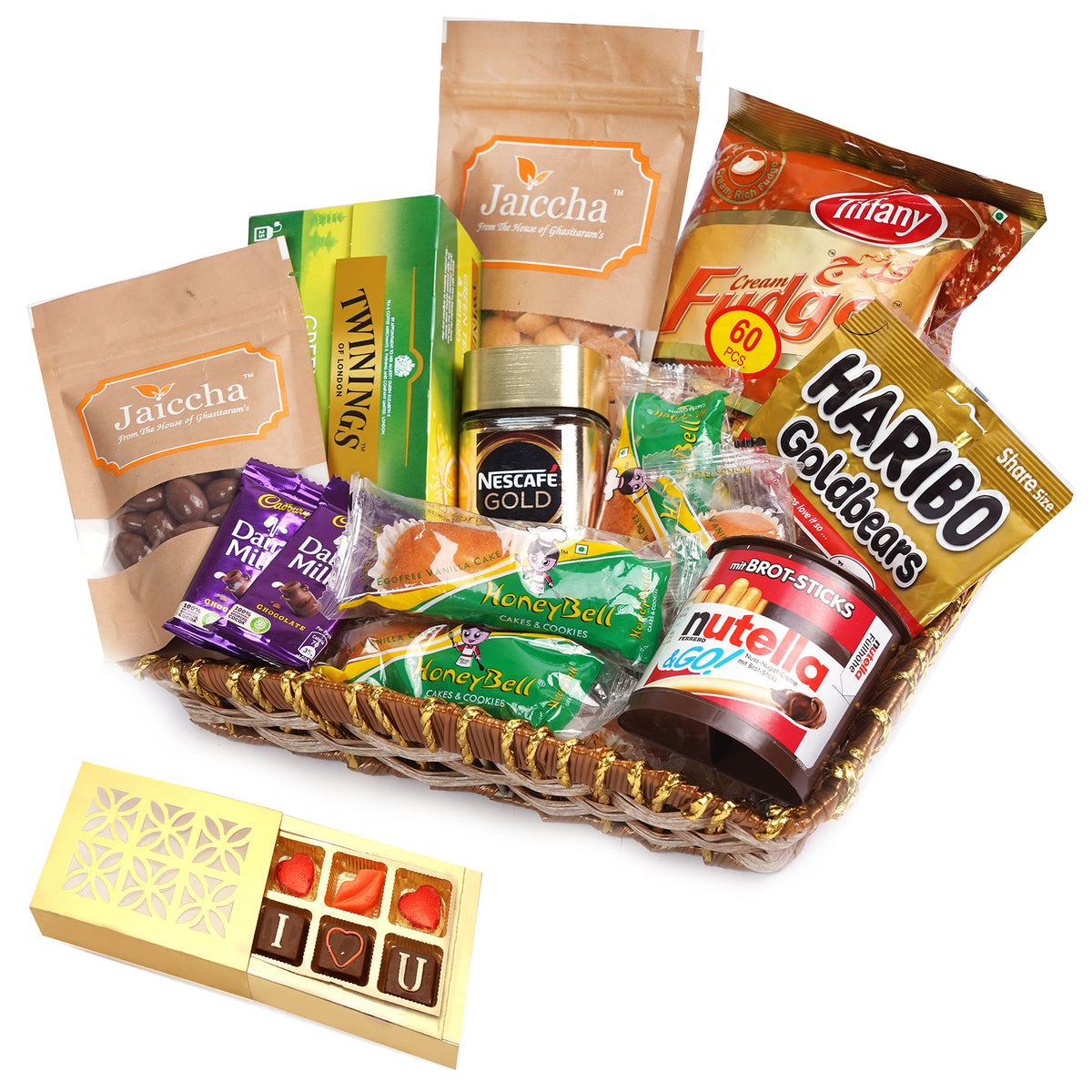 Valentine Gifts-Brown Cane Like Basket Hamper  of 20 Goodies With Chocolate box