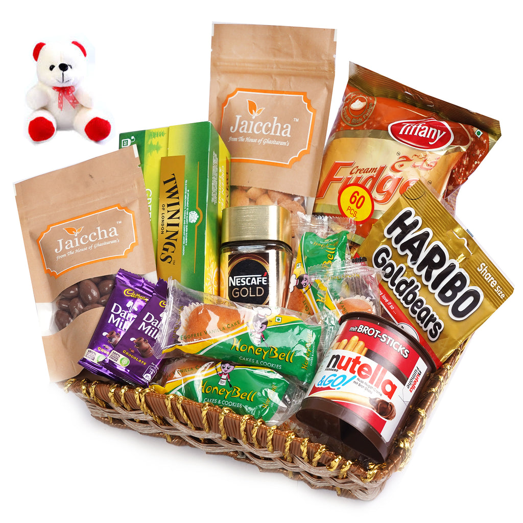 Valentine Gifts-Brown Cane Like Basket Hamper  of 20 Goodies  With Teddy