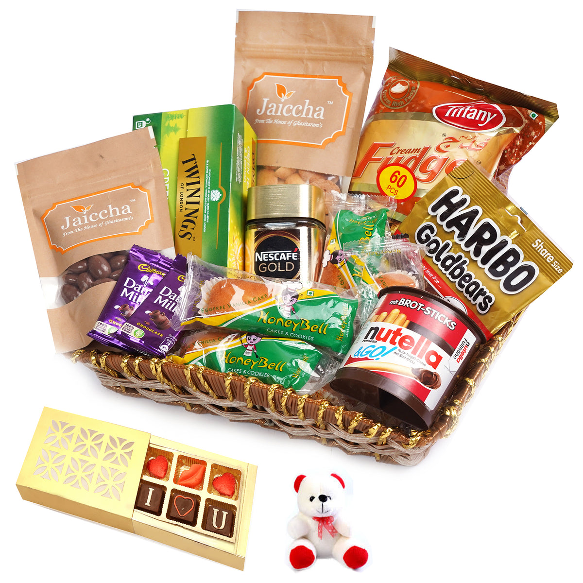 Valentine Gifts-Brown Cane Like Basket Hamper  of 20 Goodies With Teddy and Chocolate box