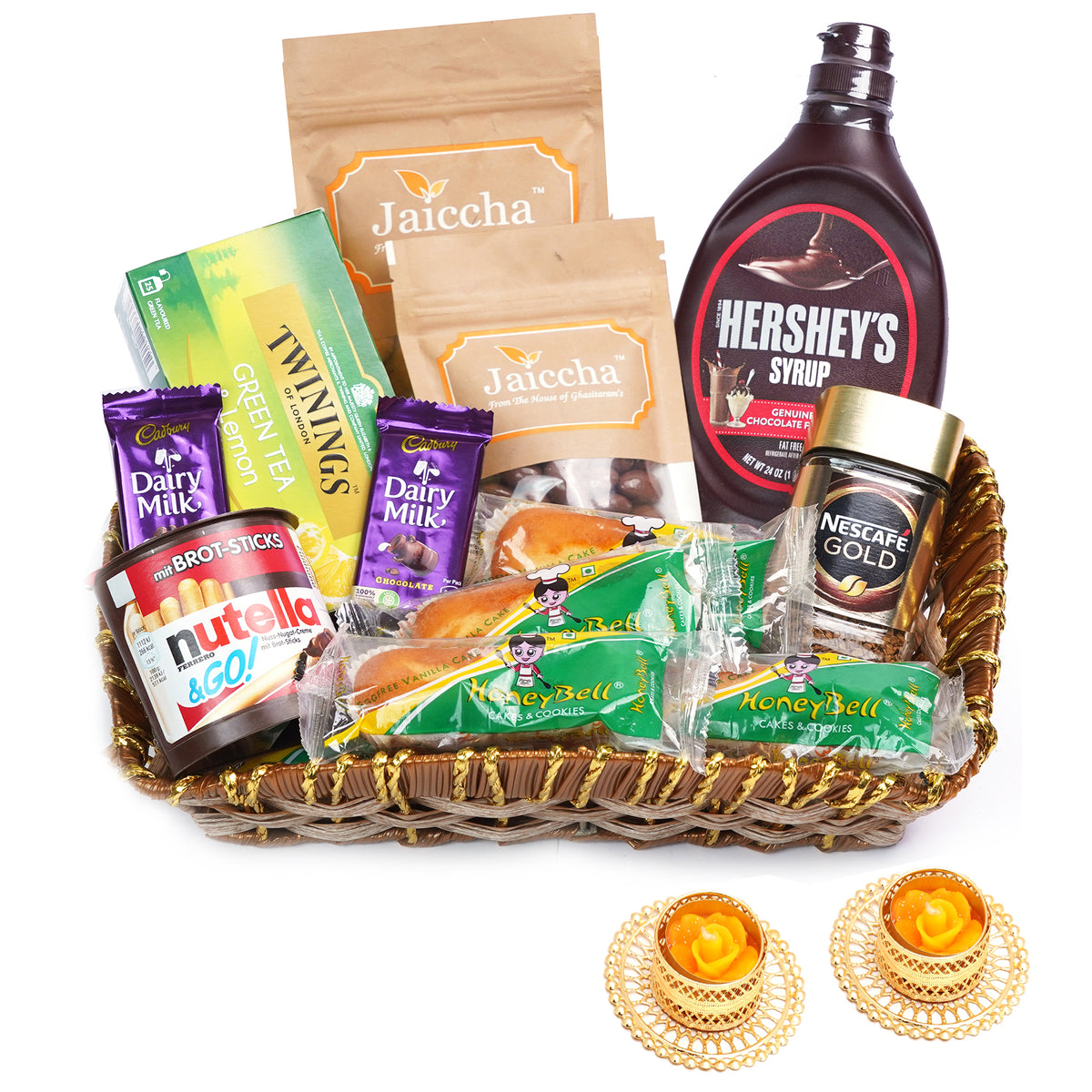 Brown Cane Like Basket Hamper  of 18 Goodies with 2 t-lites