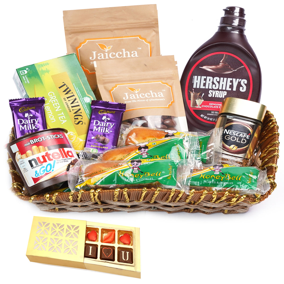 Valentine Gifts-Brown Cane Like Basket Hamper  of 20 Goodies With Chocolate box
