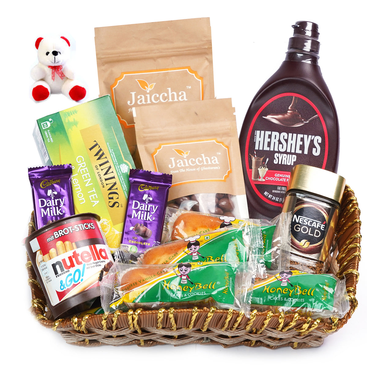 Valentine Gifts-Brown Cane Like Basket Hamper  of 20 Goodies  With Teddy