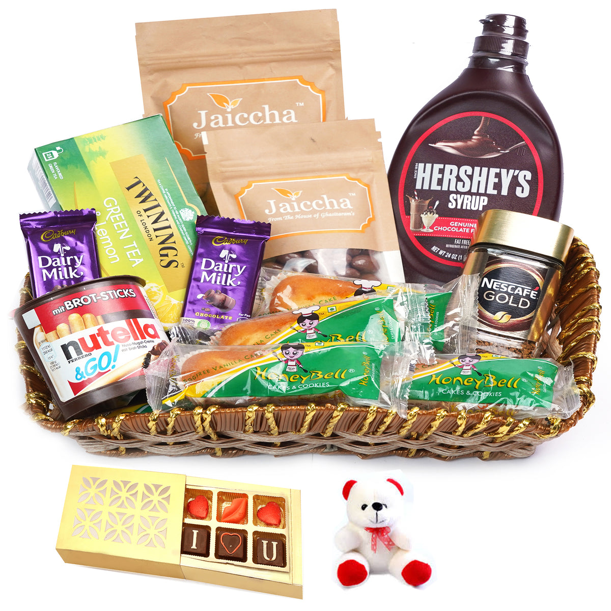 Valentine Gifts-Brown Cane Like Basket Hamper  of 20 Goodies With Teddy and Chocolate box