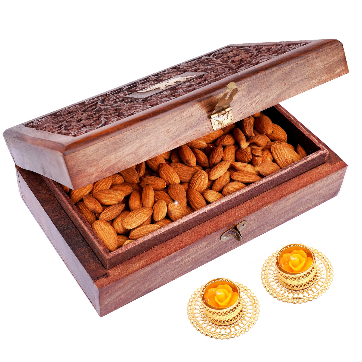 Wooden Craving Jewellery Box with Almonds with 2 t-lites