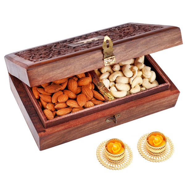 Wooden Carving Jewellery Box with Almonds and Cashews with 2 t-lites