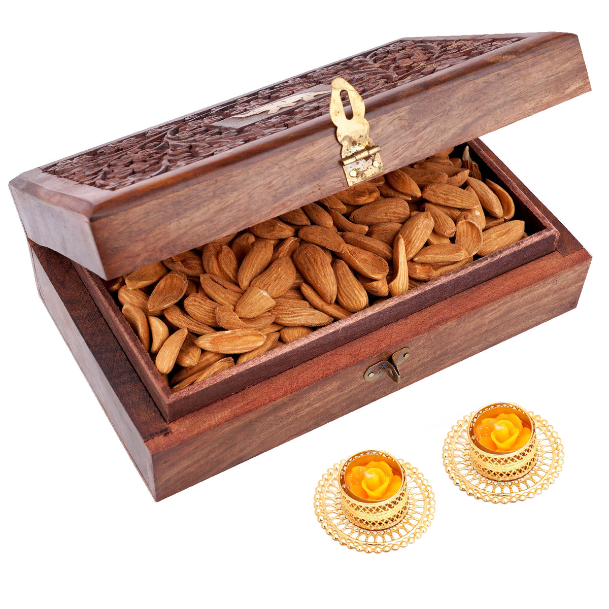 Wooden Craving Jewellery Box with Mamra Almonds with 2 t-lites