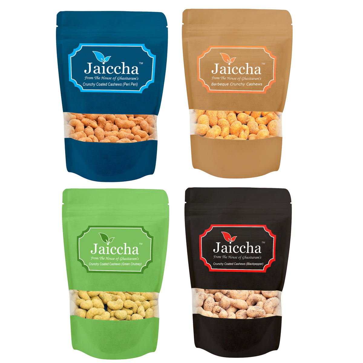 Pack of 4 Peri Peri, Barbeque, Green Chutney, Black Pepper Crunchy Coated  Cashews 400 gms